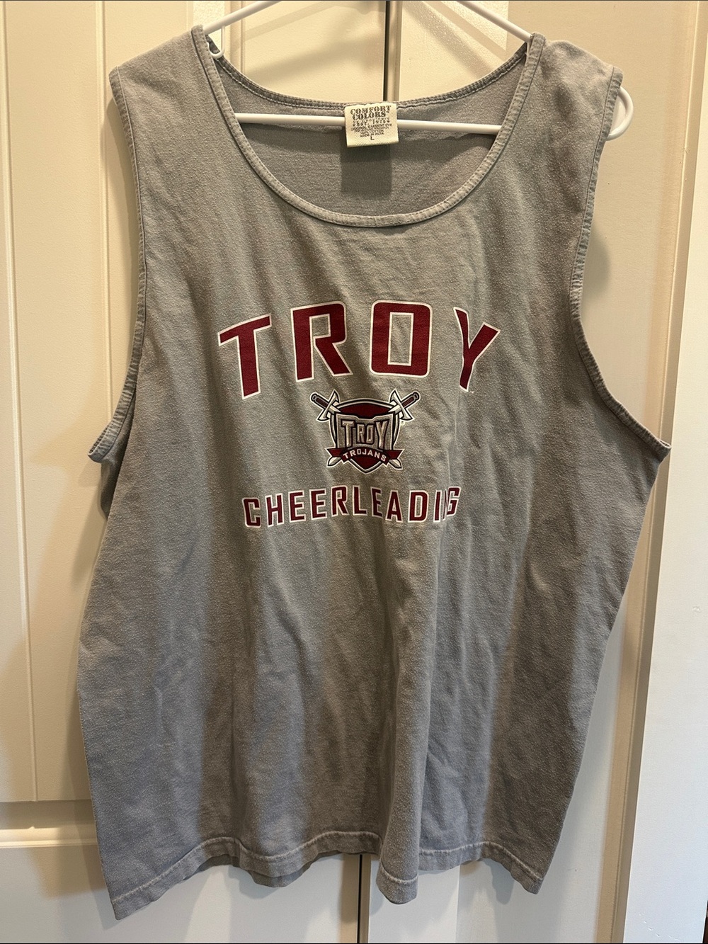 Comfort Colors Gray Troy Cheerleading Tank Top with Red Logo